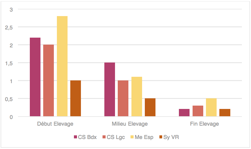 Figura 3. Evolução da perceção do vegetal em função do estágio com a micro-oxigenação (Fonte: Júri, especialista da Vivelys, campanha de ensaios 2019).